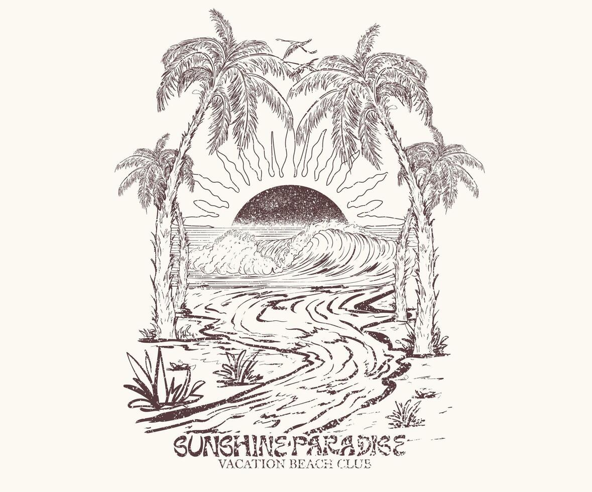 Surf club. Summer graphic design for apparel, stickers, posters, background and others. Surfing club design. Beach paradise artwork. Palm beach club. Happiness comes in wave. vector