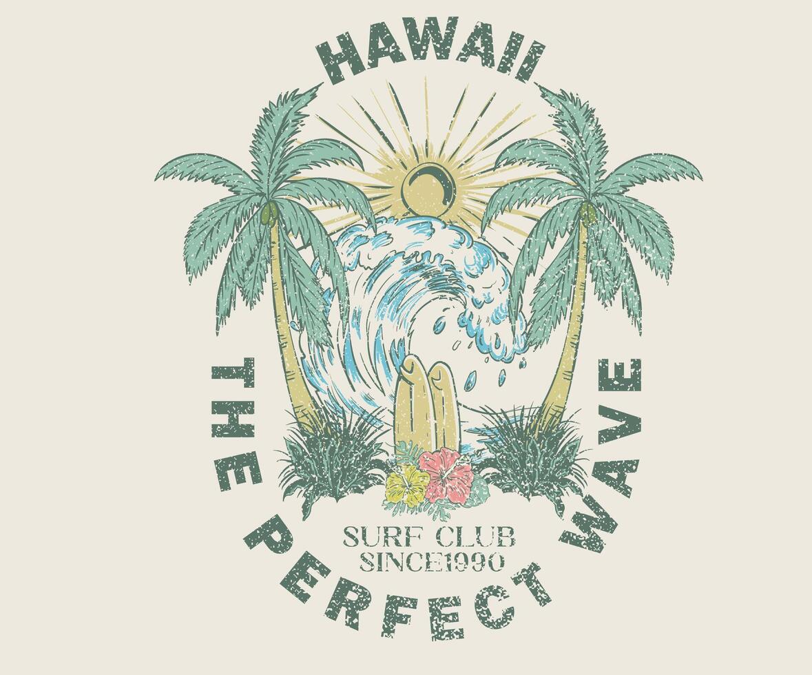 Tropical beach design for t-shirt. Good vibes artwork for apparel, sticker, poster and others. Good vibes. Beach palm tree. Perfect wave. vector
