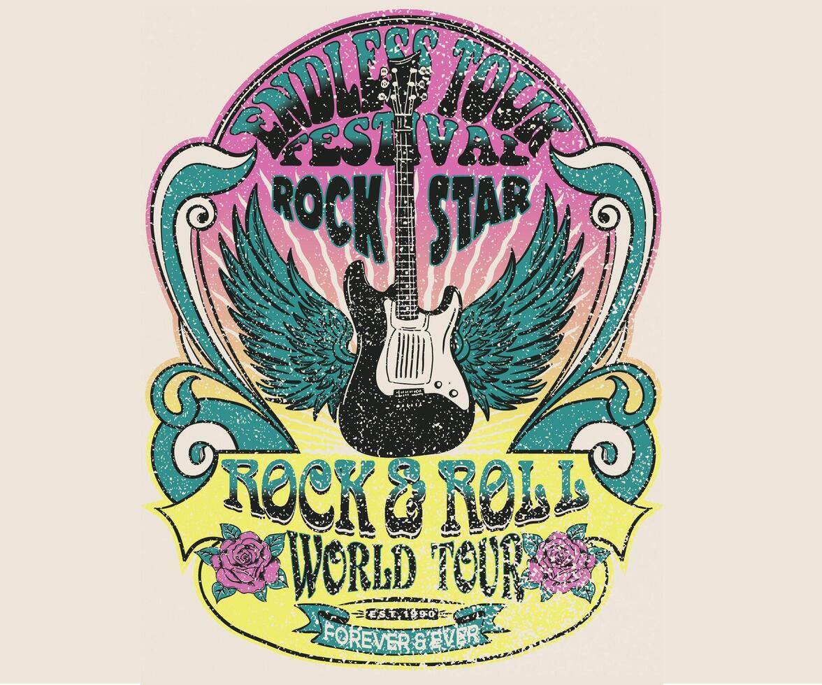 Music guitar with rose flower. Eagle bird wing vintage artwork for apparel, stickers, posters, background and others. Eagle music poster design. Fearless rock tour artwork. Make some noise. vector
