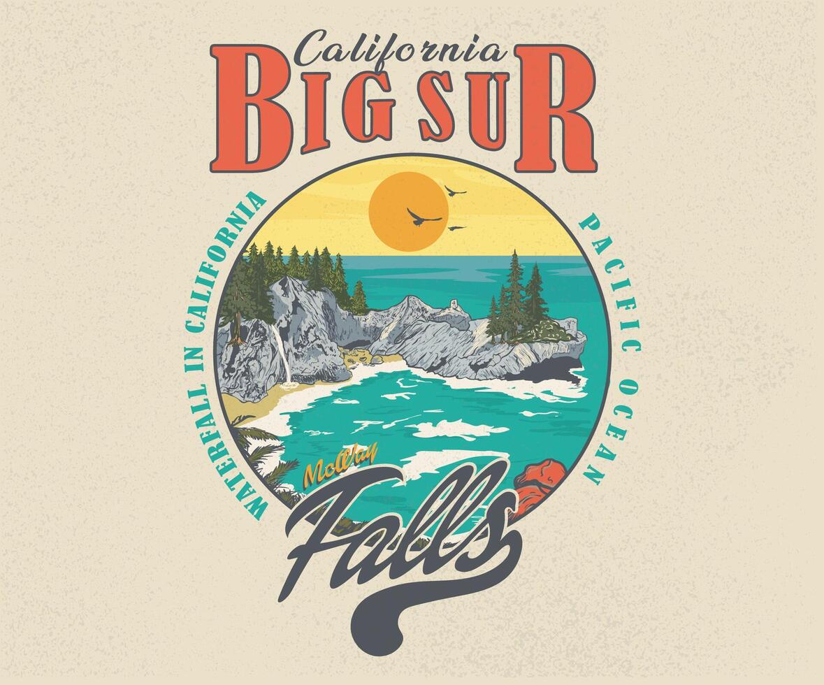 Big sur artwork. Adventure at the mountain graphic artwork for t shirt and others. Beach with hill artwork. Mountain with tree vintage print design. McWay Falls waterfall in california. Pacific ocean. vector