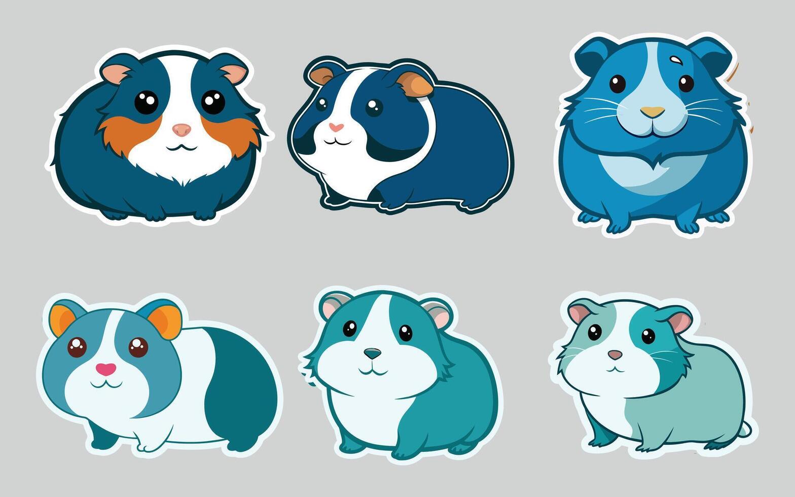 Guinea pig flat color sticker bundle set collection isolated on background vector