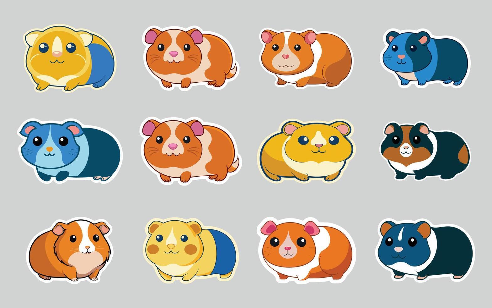 Guinea pig flat color sticker bundle set collection isolated on background vector