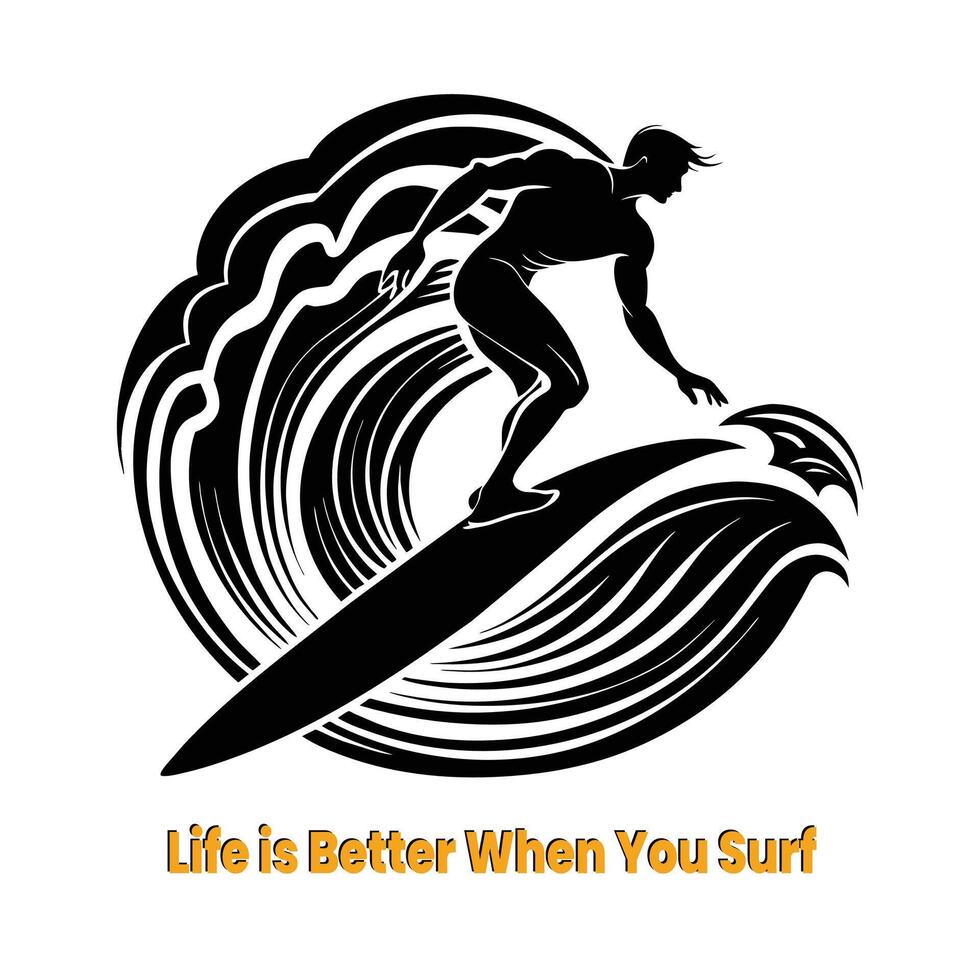 Summer surf black color art illustration silhouette with a man holding a surfboard for surfing isolated on white background vector