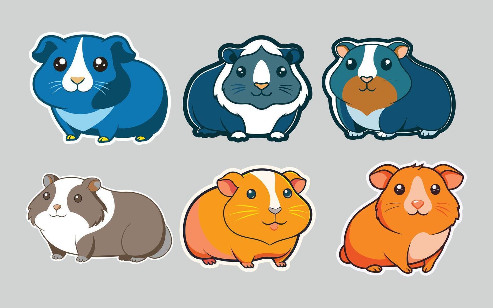 Guinea pig flat color sticker bundle set collection isolated on background vector