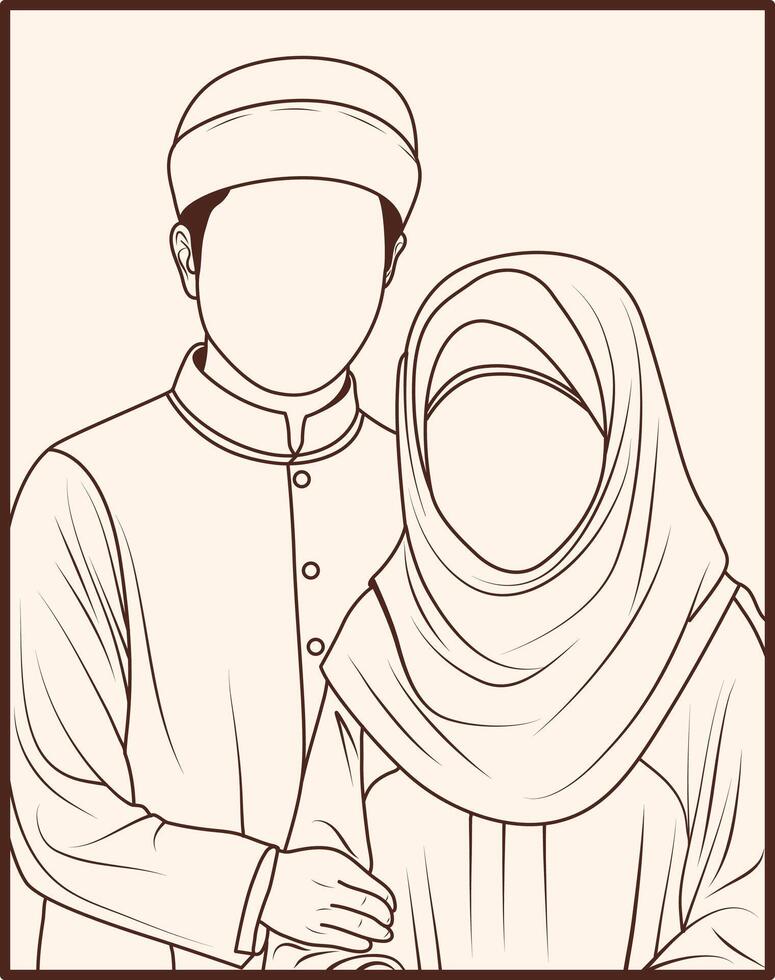 Hand drawn Muslim couple line art illustration vector