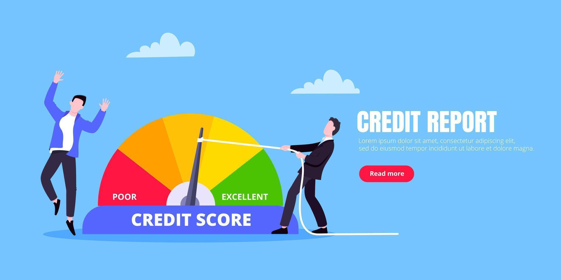 Man pushes credit score arrow gauge speedometer indicator with color levels. vector