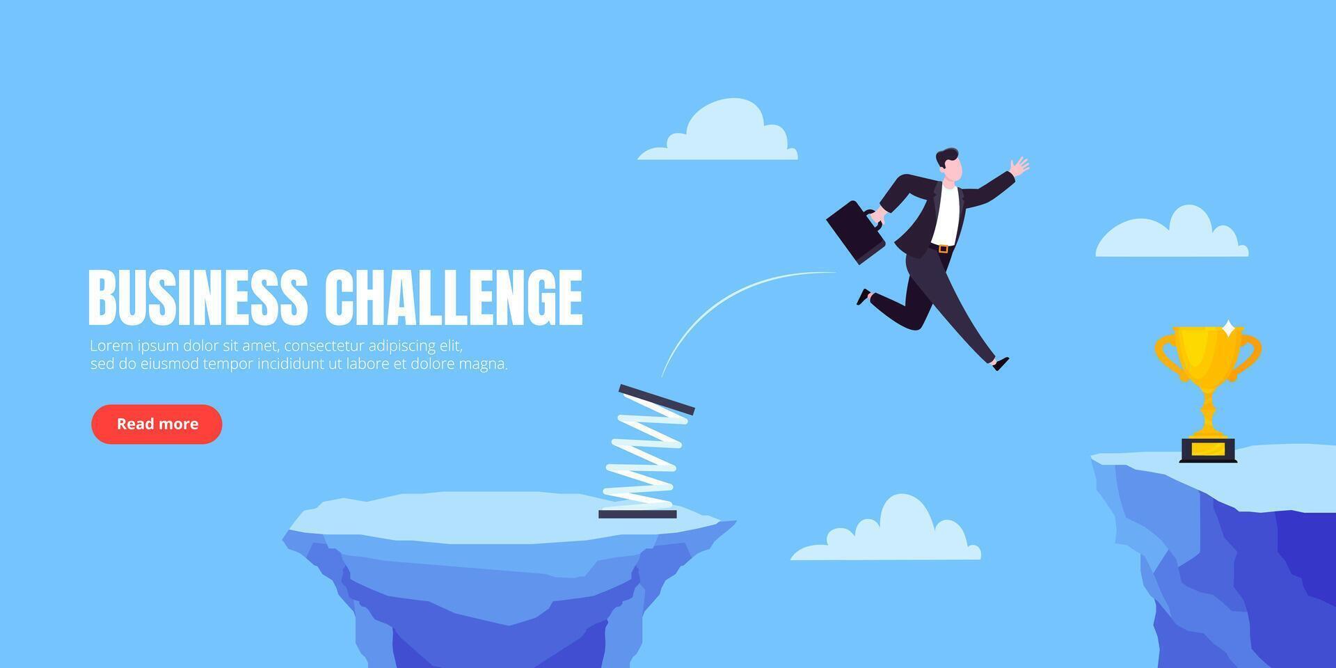 Businessman jumps over the abyss across the cliff flat style design illustration. Business concept of fearless businessman with huge courage. Risk, goal achievement, work obstacles and success. vector