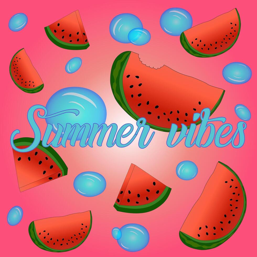 A colorful illustration featuring watermelons, bubbles, and Summer vibes text. Perfect for summertime designs. vector