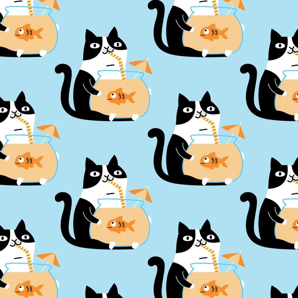 FUNNY CAT IS DRINKING WATER WITH A FISH INSIDE GLASS PATTERN vector