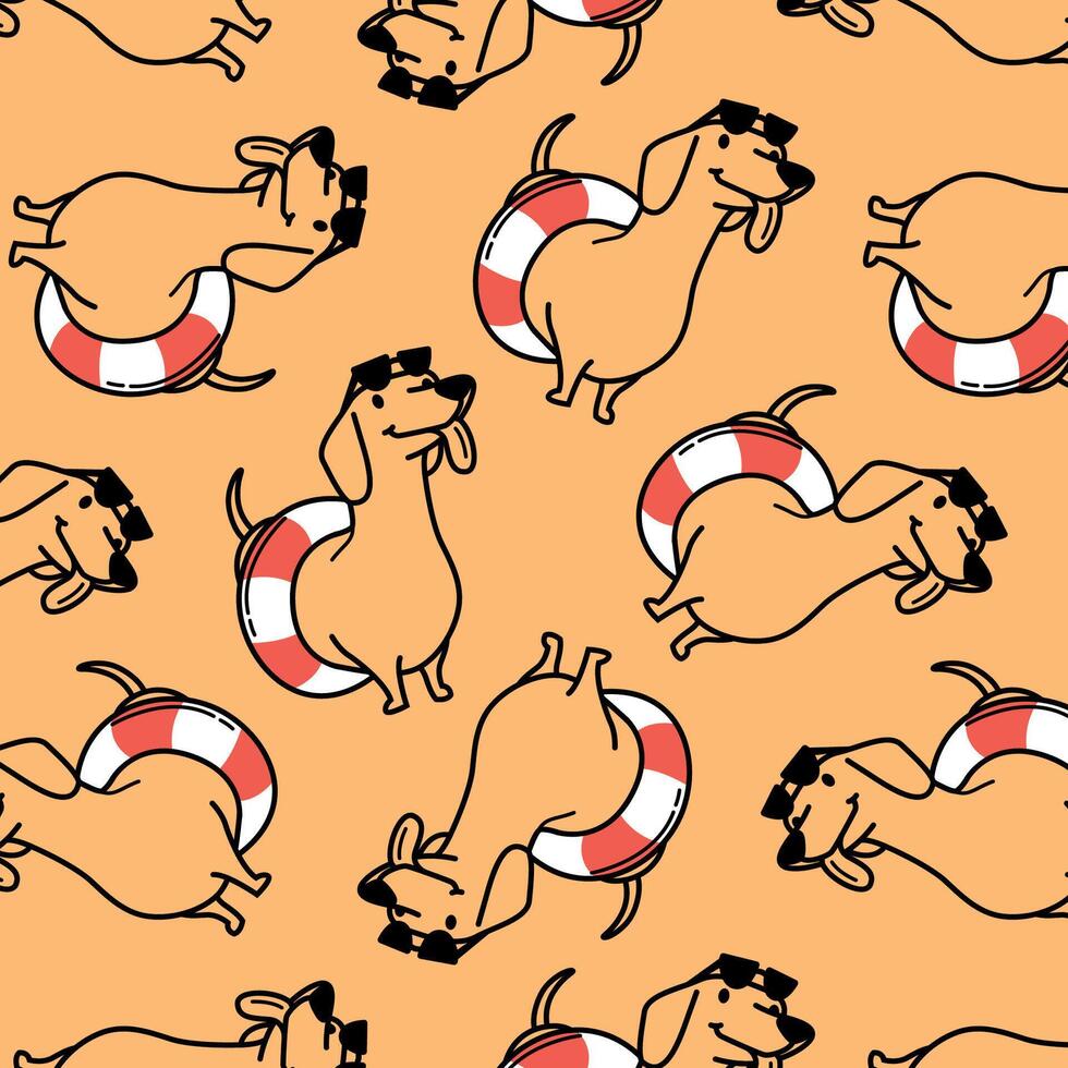 CUTE DACHSHUND WITH RUBBER RING SUMMER PATTERN vector