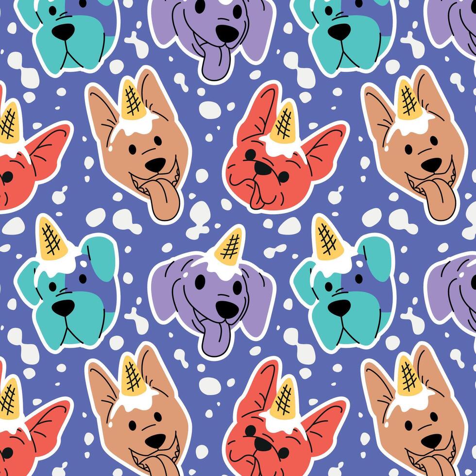 CUTE COLORFUL DOGS HEAD WITH AN ICE CREAM ON HEAD PATTERN vector