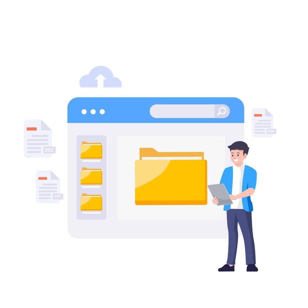 File management concept. Data storage. Folders, documents and media content. vector