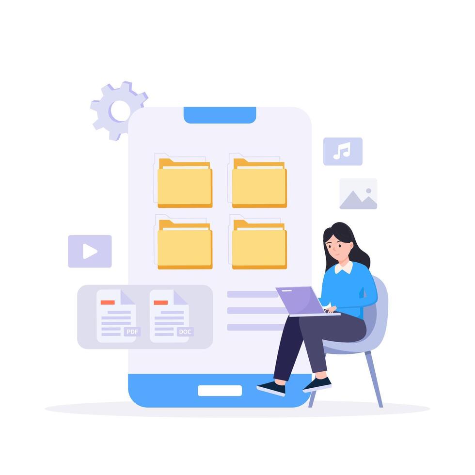 File management concept. Data storage. Folders, documents and media content. vector