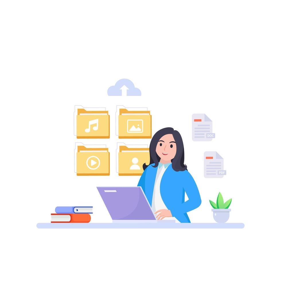 File management concept. Data storage. Folders, documents and media content. vector