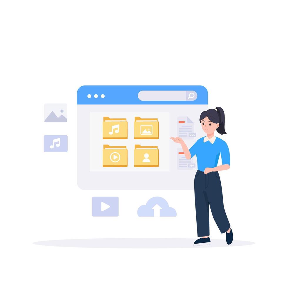File management concept. Data storage. Folders, documents and media content. vector