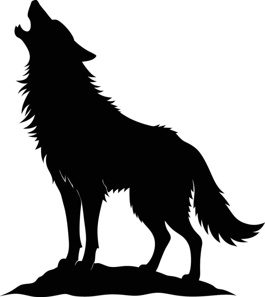 A black and white silhouette of a wolf howling vector