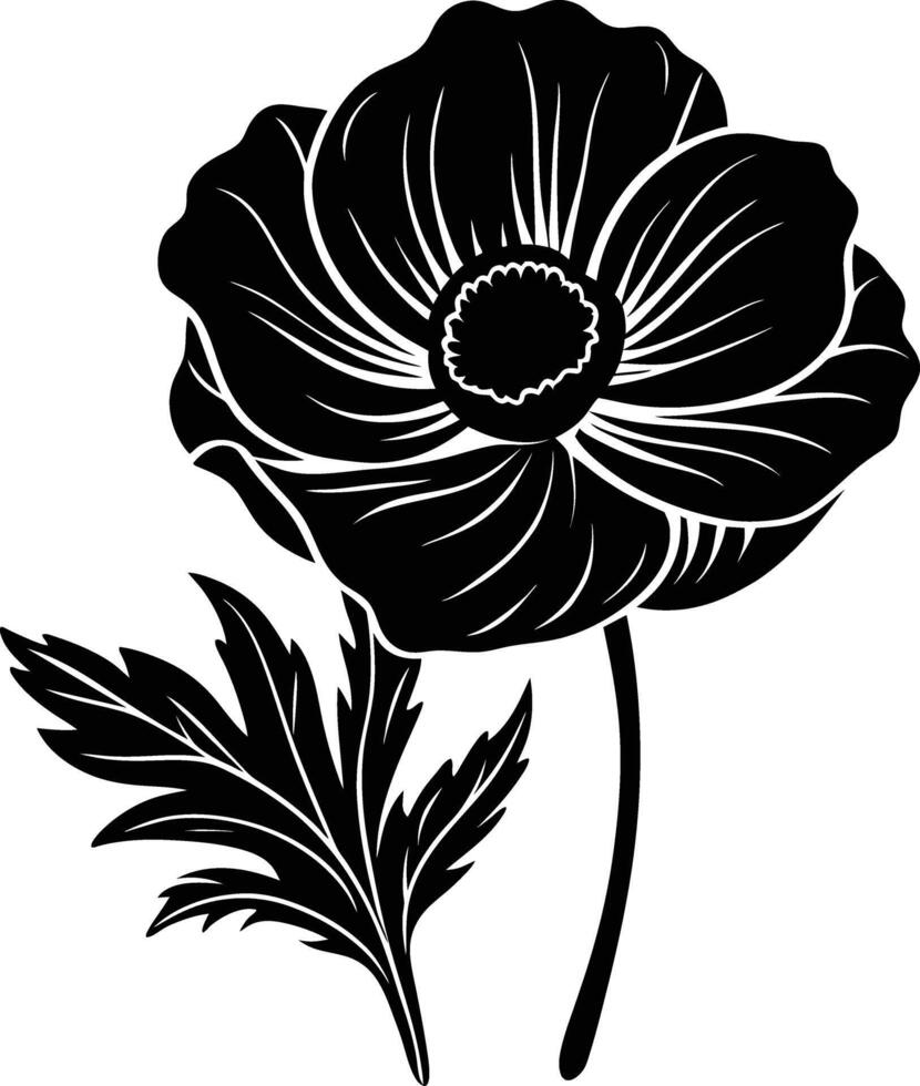 Black and white poppy flower silhouette vector