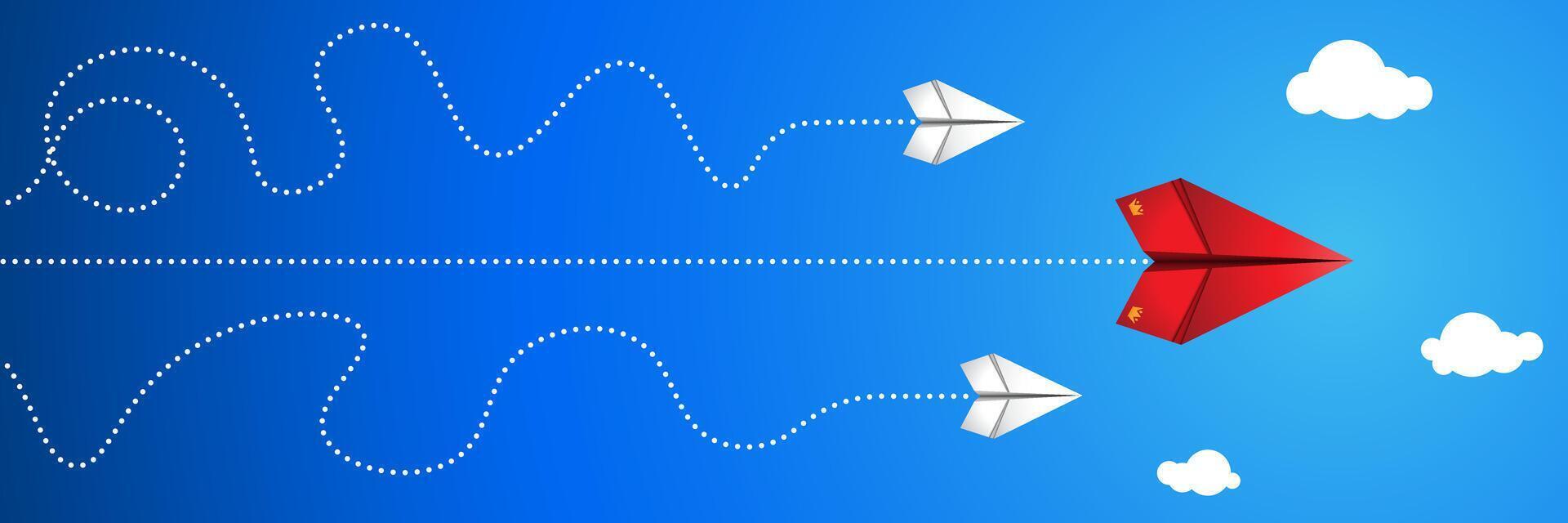 red leader paper rocket showing correct path to two white paper rockets in the sky vector
