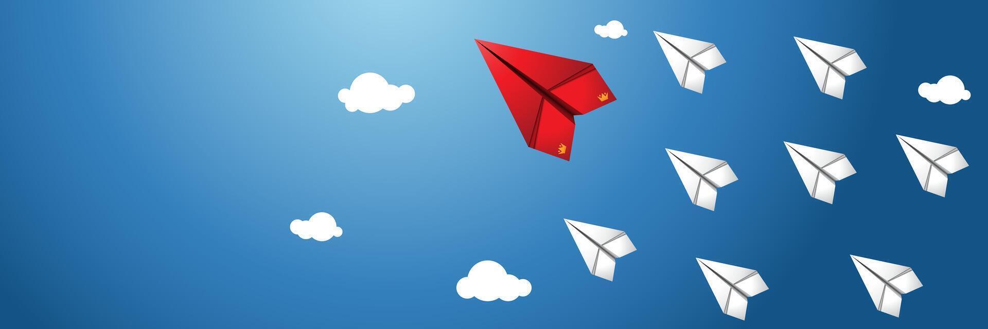 red paper rocket guiding white fellow paper rockets that showing leadership, friendship in the business and society vector
