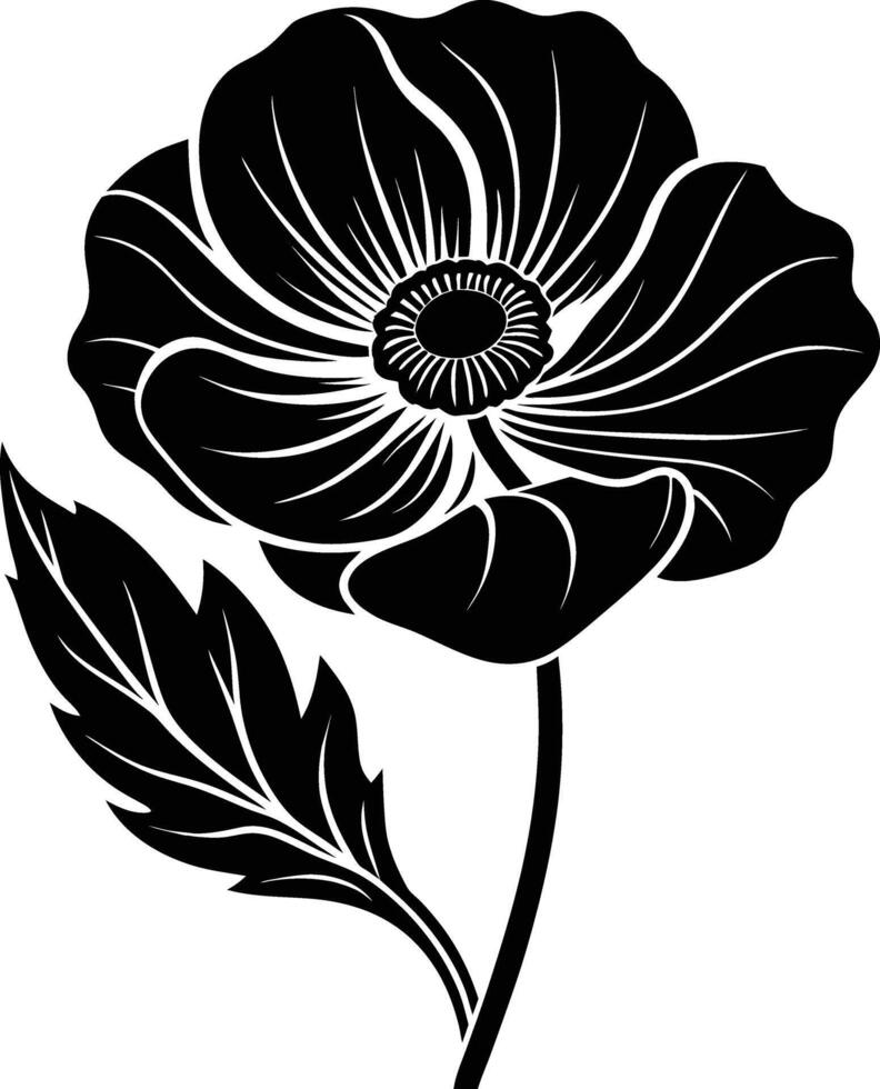 Black and white poppy flower silhouette vector