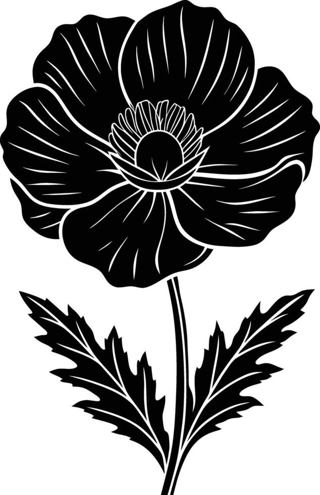 Black and white poppy flower silhouette vector
