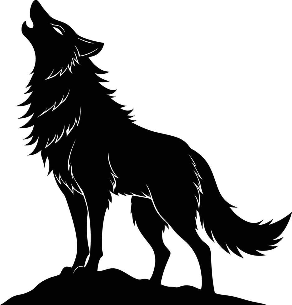 A black and white silhouette of a wolf howling vector
