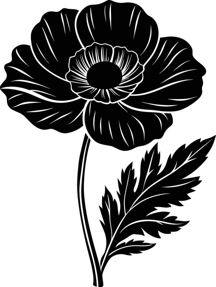 Black and white poppy flower silhouette vector