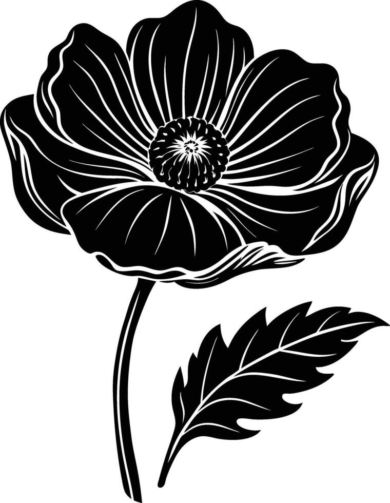 Black and white poppy flower silhouette vector
