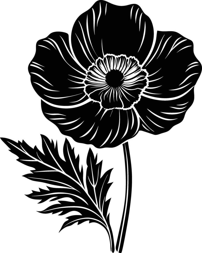 Black and white poppy flower silhouette vector