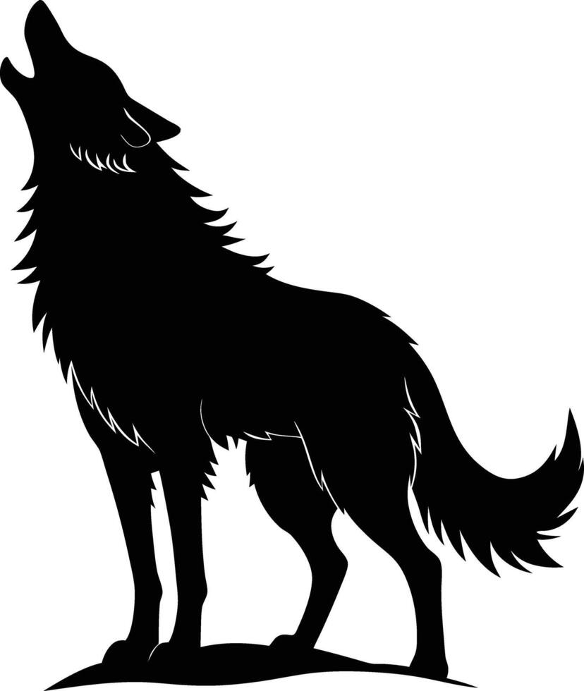 A black and white silhouette of a wolf howling vector