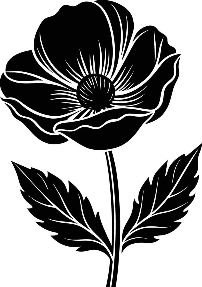 Black and white poppy flower silhouette vector