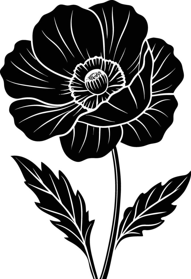 Black and white poppy flower silhouette vector