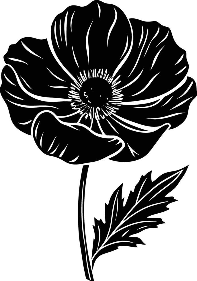Black and white poppy flower silhouette vector