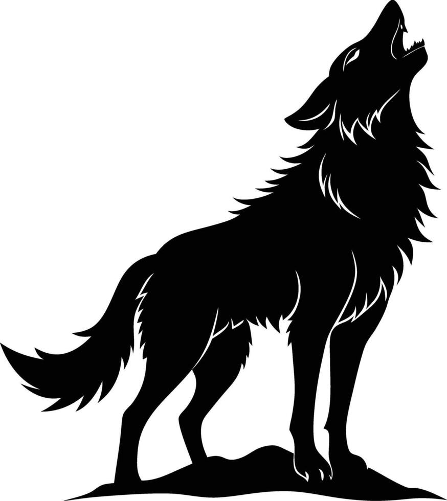 A black and white silhouette of a wolf howling vector