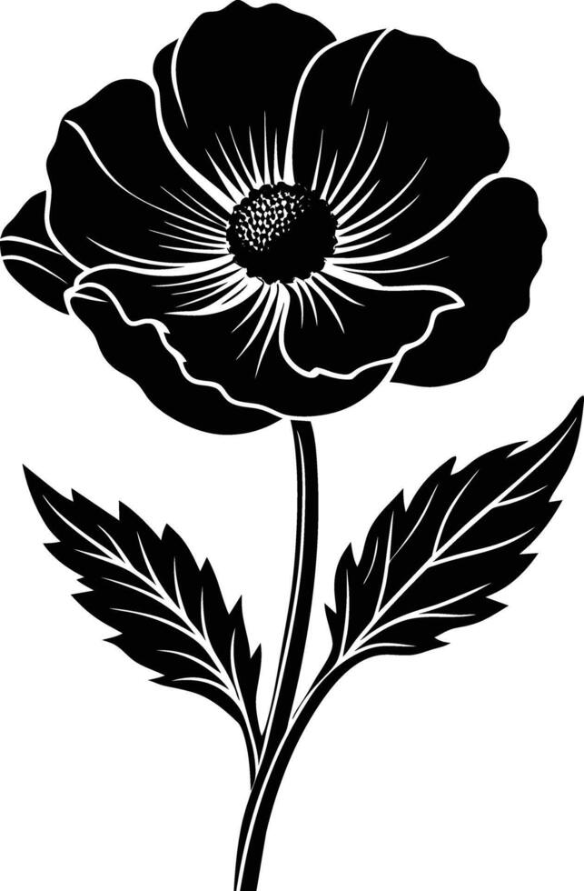 Black and white poppy flower silhouette vector