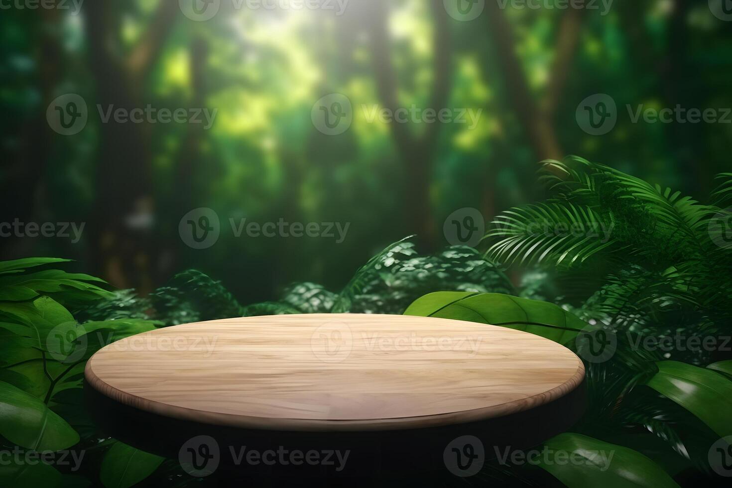 Jungle table background. Interior table for a cosmetic item against the backdrop of tropical plants, palms and jungle. Neural network photo
