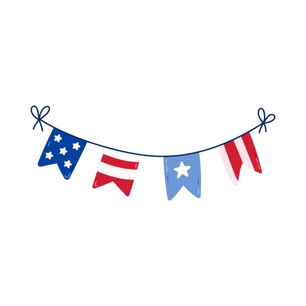 Cute cartoon paper garland with USA flag for decoration, holidays and festival. Paper flags as sign of Independence day, 4th July, freedom and democracy. Hand drawn illustration isolated on white. vector
