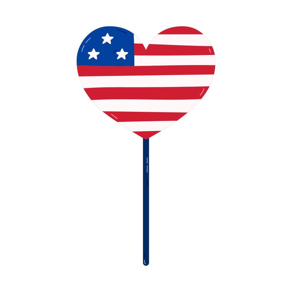Cute cartoon American flag in the shape of heart on the stick. US flag as sign of Independence day, 4th July, freedom and democracy. Hand drawn red and blue illustration isolated on white background. vector