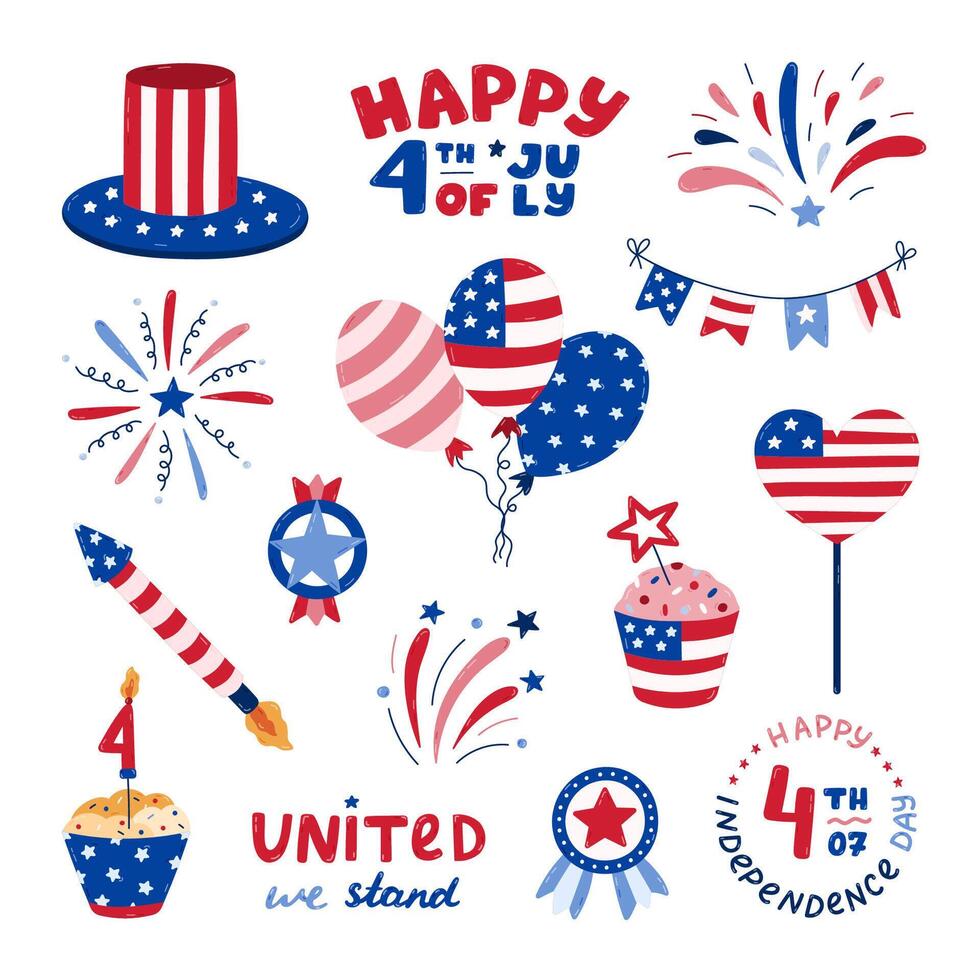 Cute set with cartoon patriotic symbols of USA Independence day. Fireworks, Uncle Sam hat, medal, cupcake, balloons, flag, lettering, etc. Hand drawn national signs for 4th July celebration, festival. vector