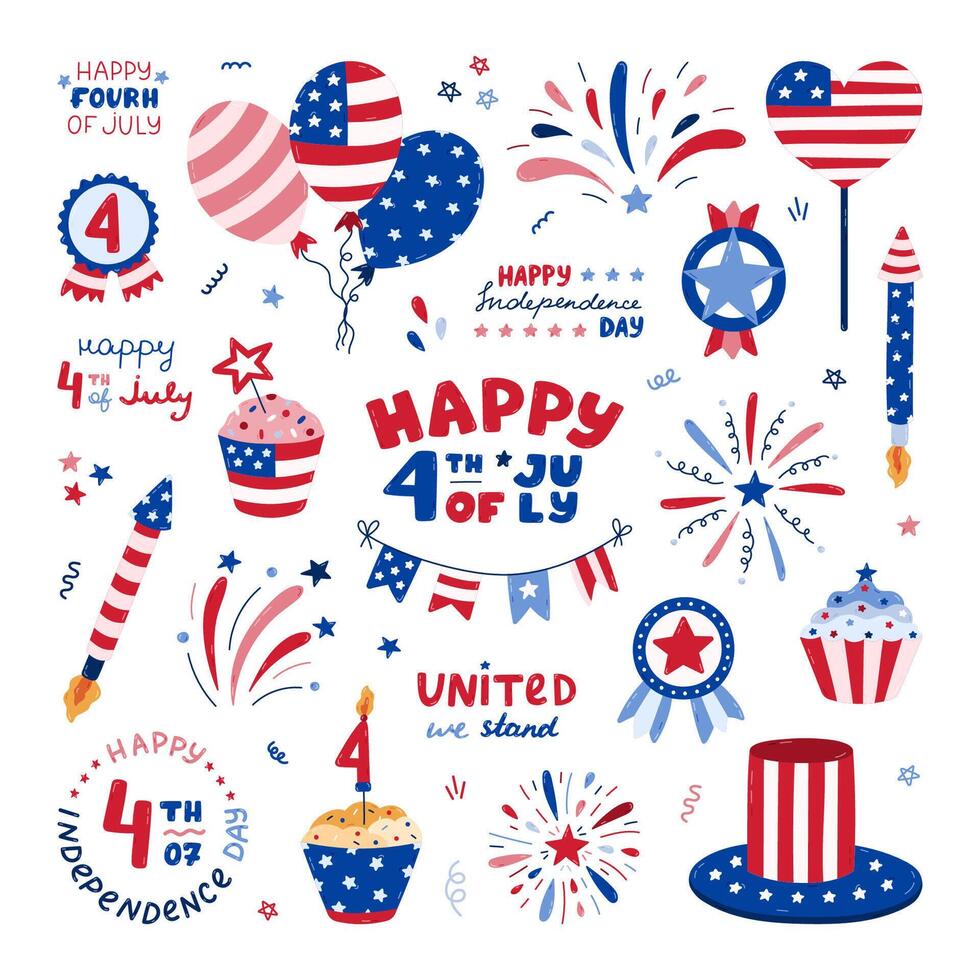 Big set with cartoon national symbols of American Independence day. Cute fireworks, Uncle Sam hat, medal, cupcake, balloons, flag, lettering, etc. Hand drawn patriotic signs for 4th July celebration. vector