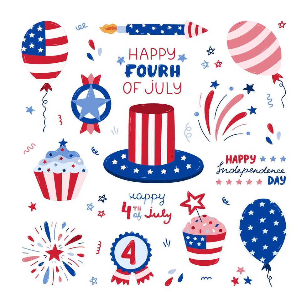 Cute set with cartoon patriotic symbols of USA Independence day. Fireworks, Uncle Sam hat, medal, cupcake, balloons, flag, lettering, etc. Hand drawn national signs for 4th July celebration, festival. vector
