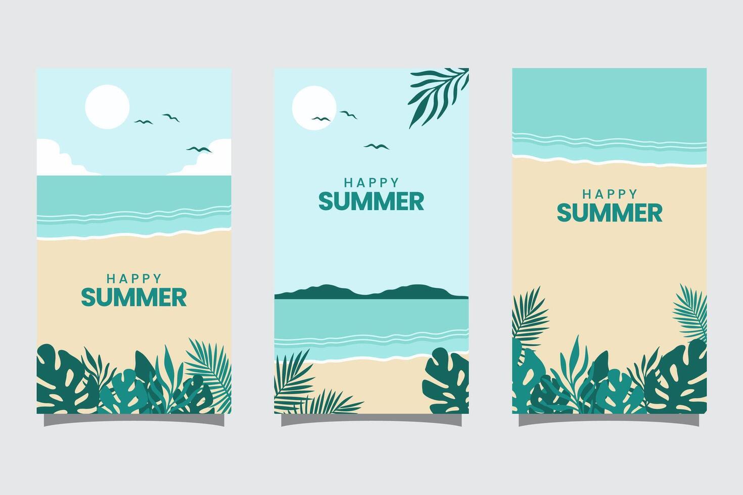 Set of summer travel flyers with beach and wave. Illustration in Minimalistic style vector