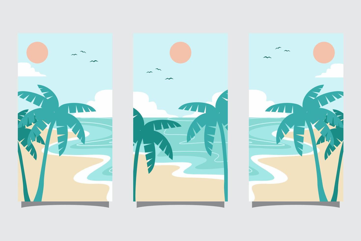 Set of summer travel flyers with beach and wave. Illustration in Minimalistic style vector