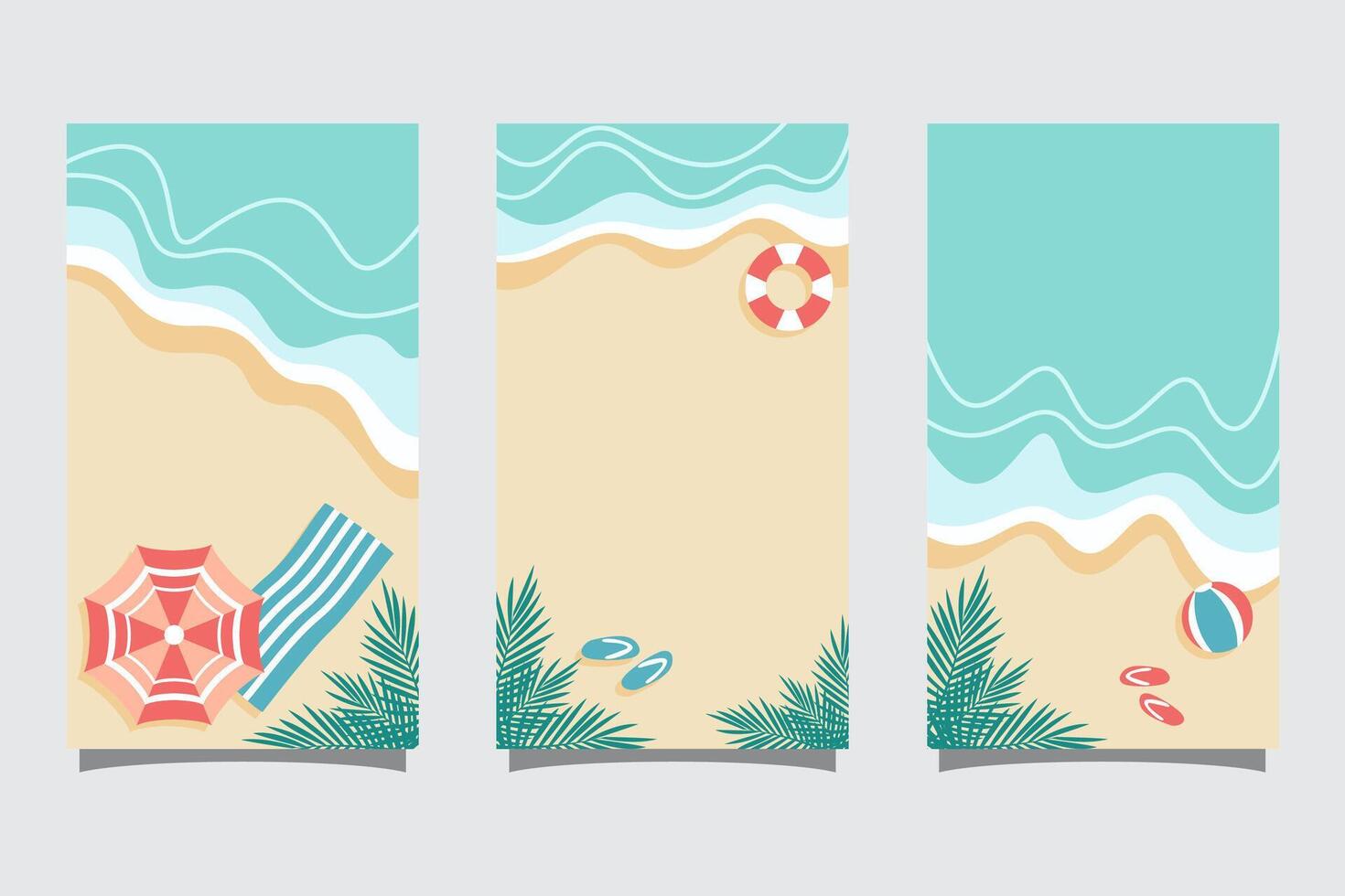 Set of summer travel flyers with beach and wave. Illustration in Minimalistic style vector