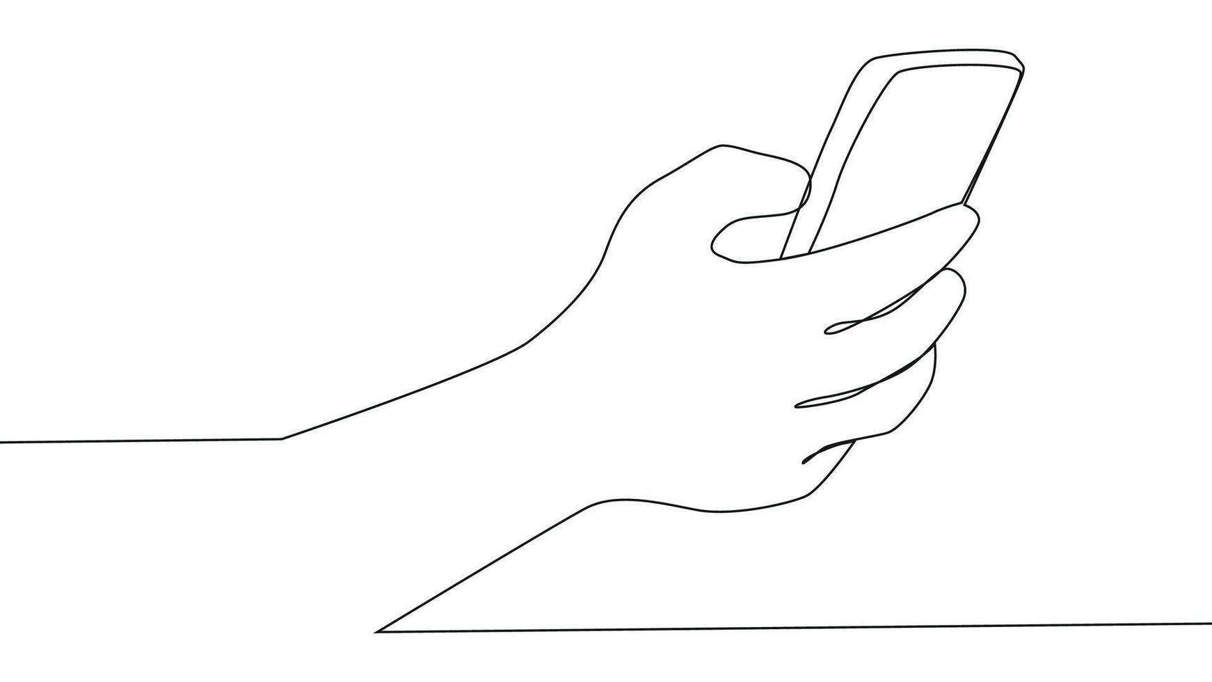 Self drawing animation of continuous one line hands holding smartphone. vector