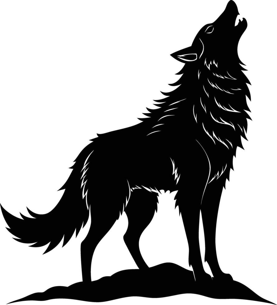 A black and white silhouette of a wolf howling vector