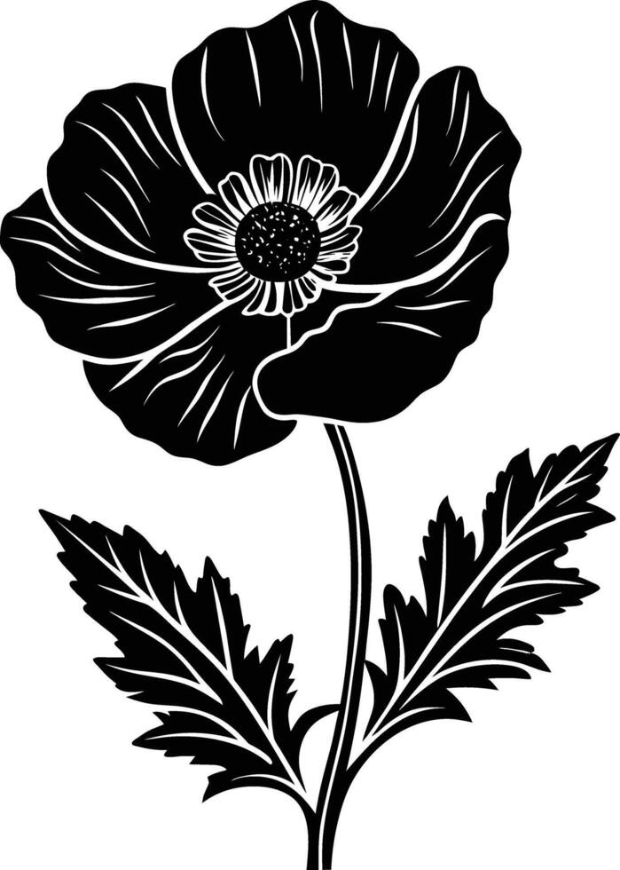 Black and white poppy flower silhouette vector