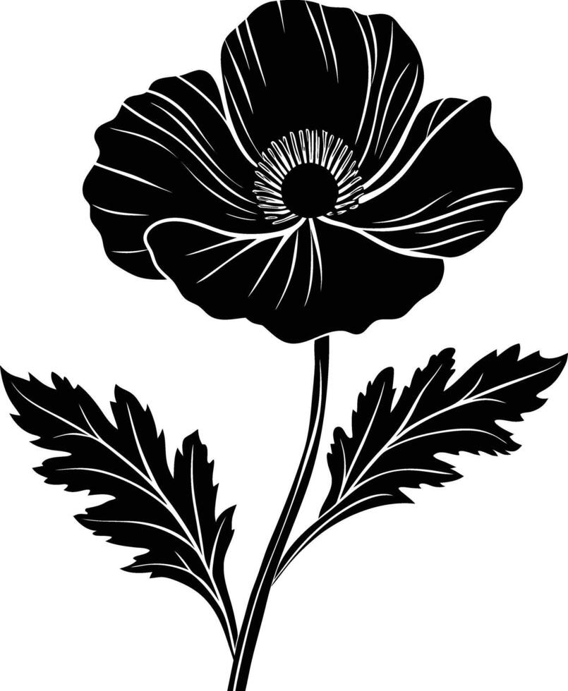 Black and white poppy flower silhouette vector
