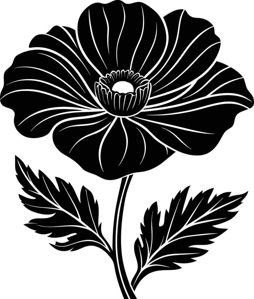 Black and white poppy flower silhouette vector