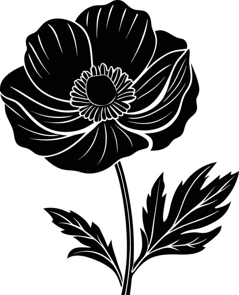 Black and white poppy flower silhouette vector